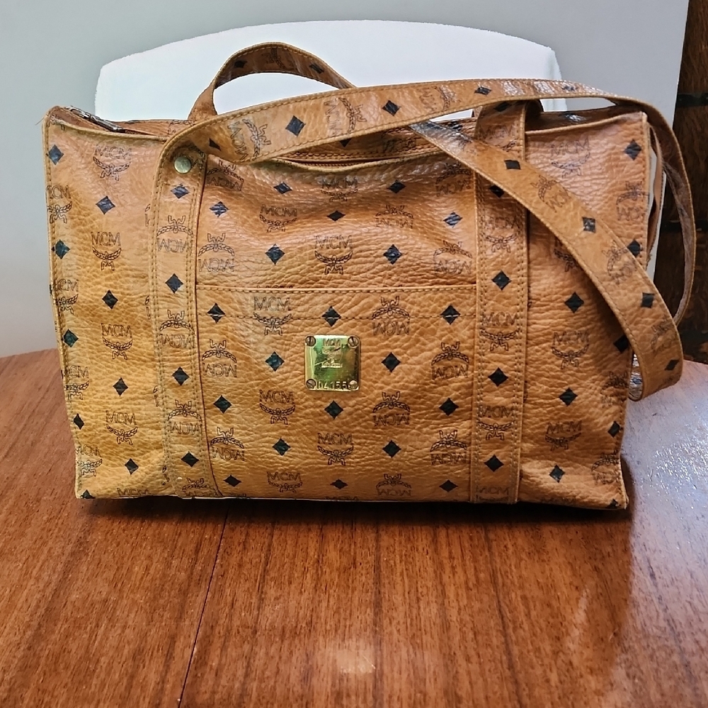 MCM Tan Monogram Tote Bag with Gold Hardware